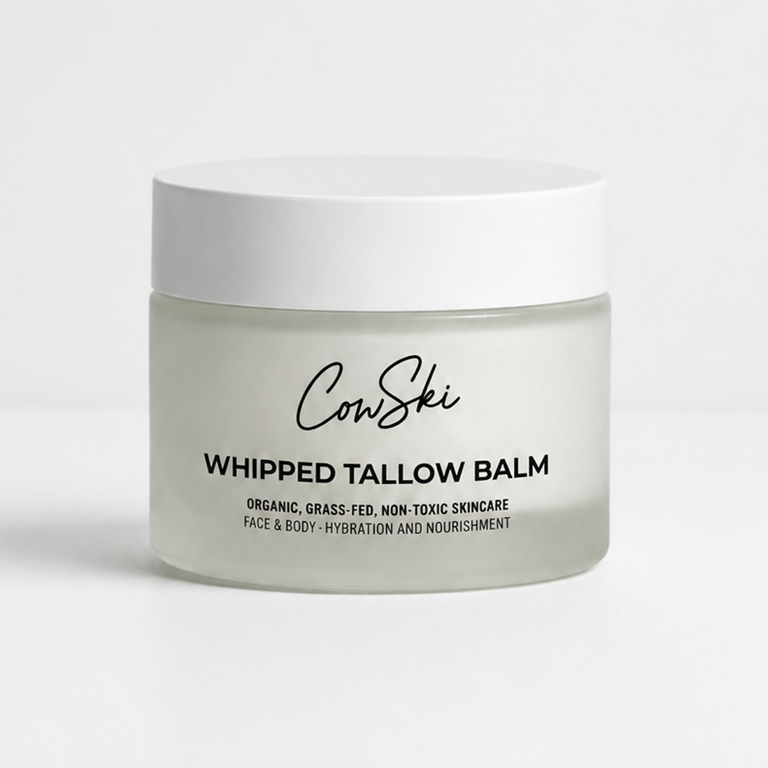 Jar of CowSki Whipped Tallow Balm on a white background