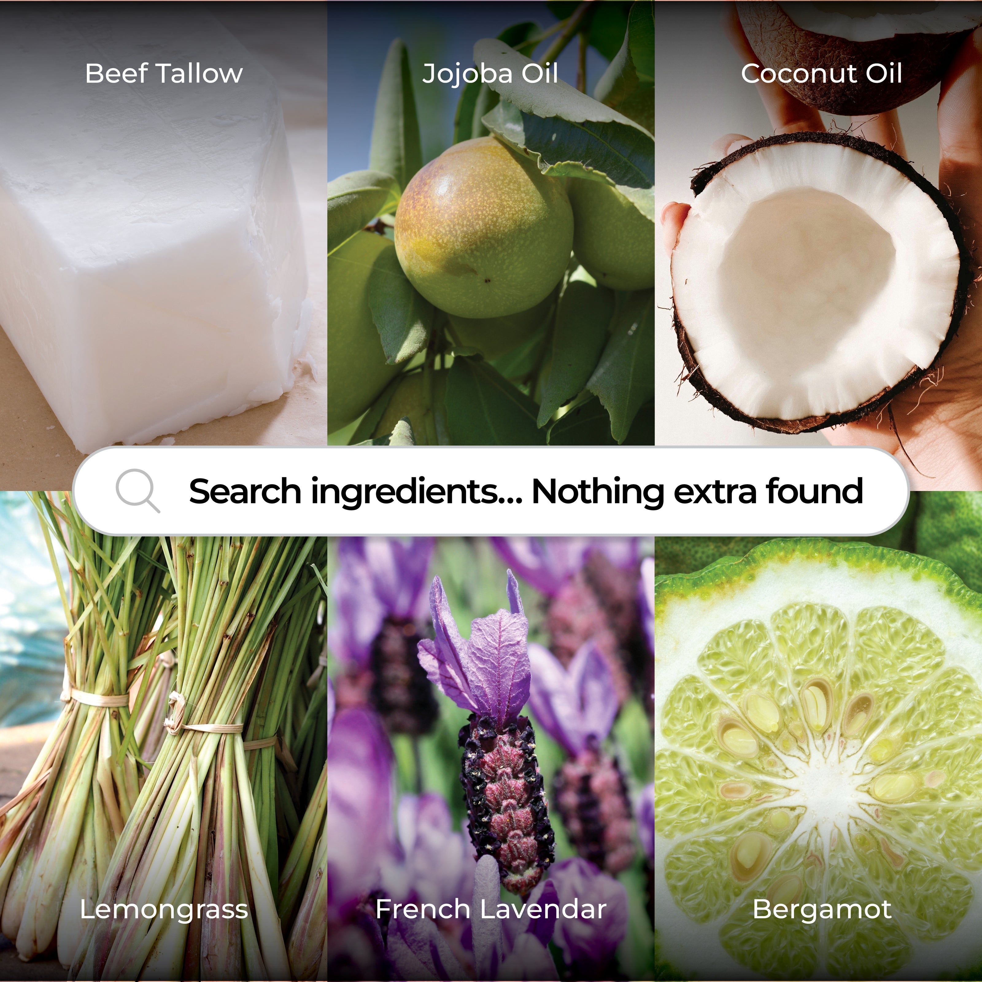 Natural ingredients in Cowski balm with beef tallow, jojoba oil, and essential oils